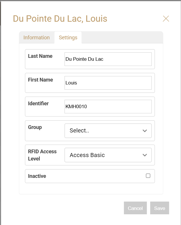 Settings tab for editing a person's information