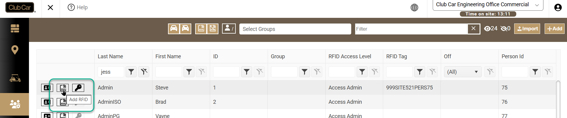 RFID controls on the People tab