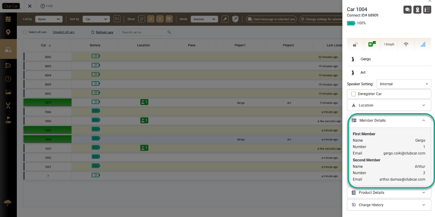 Populated Member Car information tab
