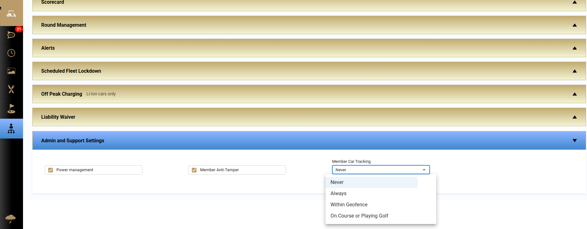 Admin-only Member Car Tracking and Control section